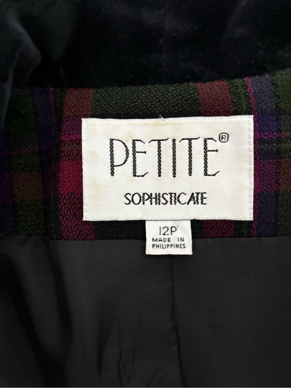 Vintage Wool Petite Sophisticate 12P Blend Plaid Velvet Trim Blazer Jacket - Picture 8 of 12